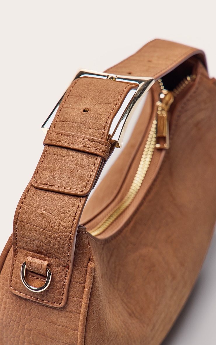 Tan Faux Suede Croc Crescent Shoulder Bag image 4