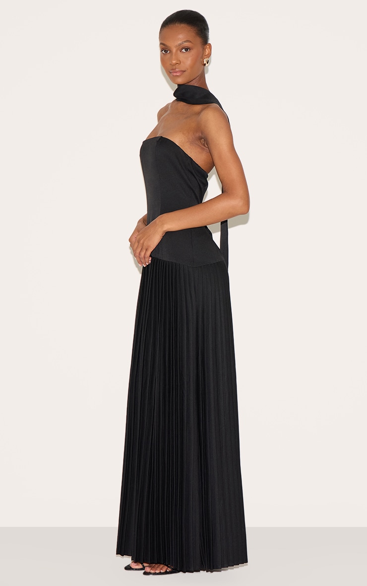 Black Woven Asymmetric Pleated Maxi Dress image 3