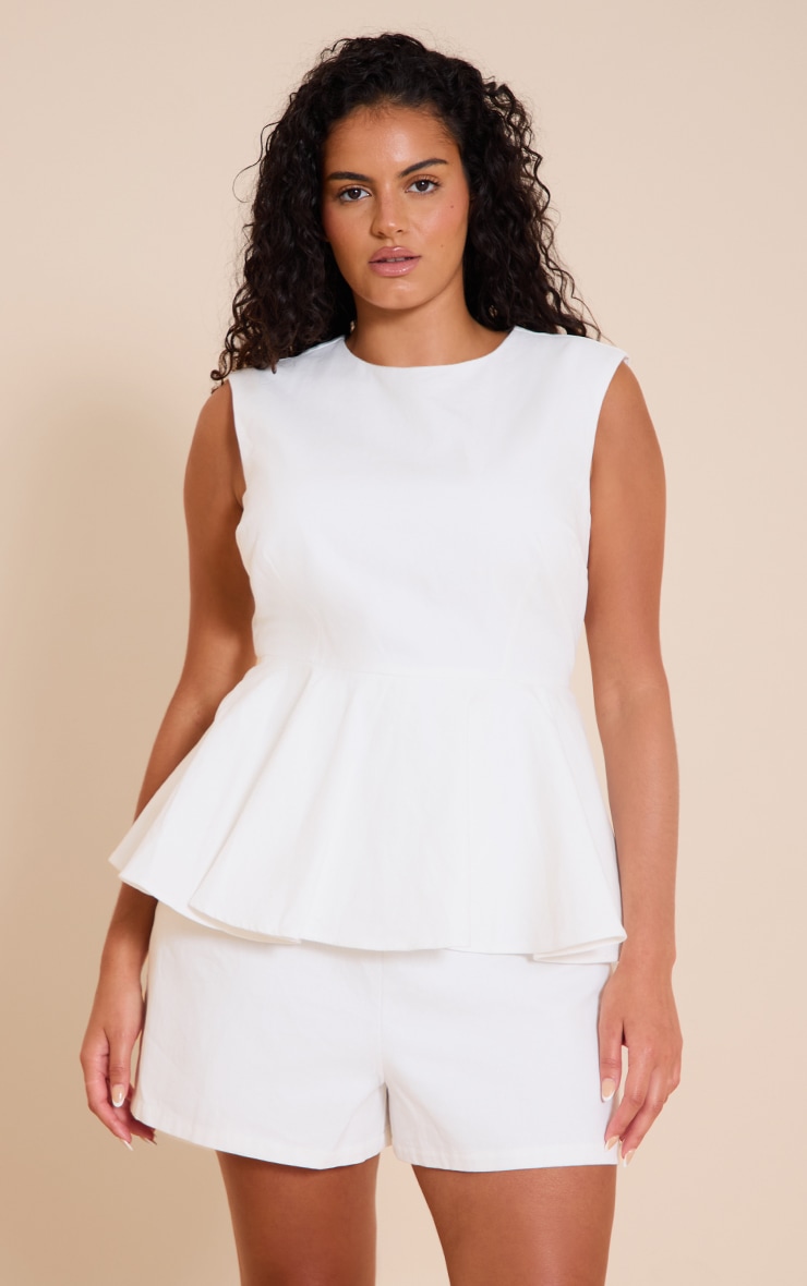 Plus White Cotton Skort Peplum Playsuit image 1