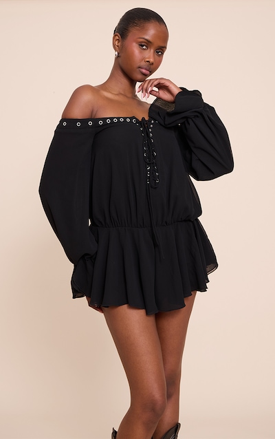 Black Chiffon Long Sleeve Bardot Floaty Playsuit