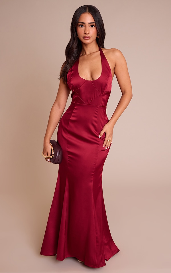 Petite Wine Seam Detail Halterneck Satin Maxi Dress