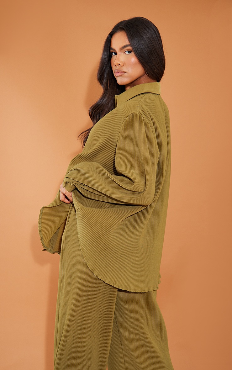 Khaki Plisse Button Front Oversized Shirt image 2