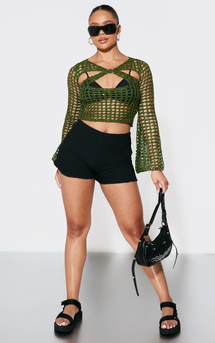 Black Textured Jersey Frill Hem Hot Pants image 4