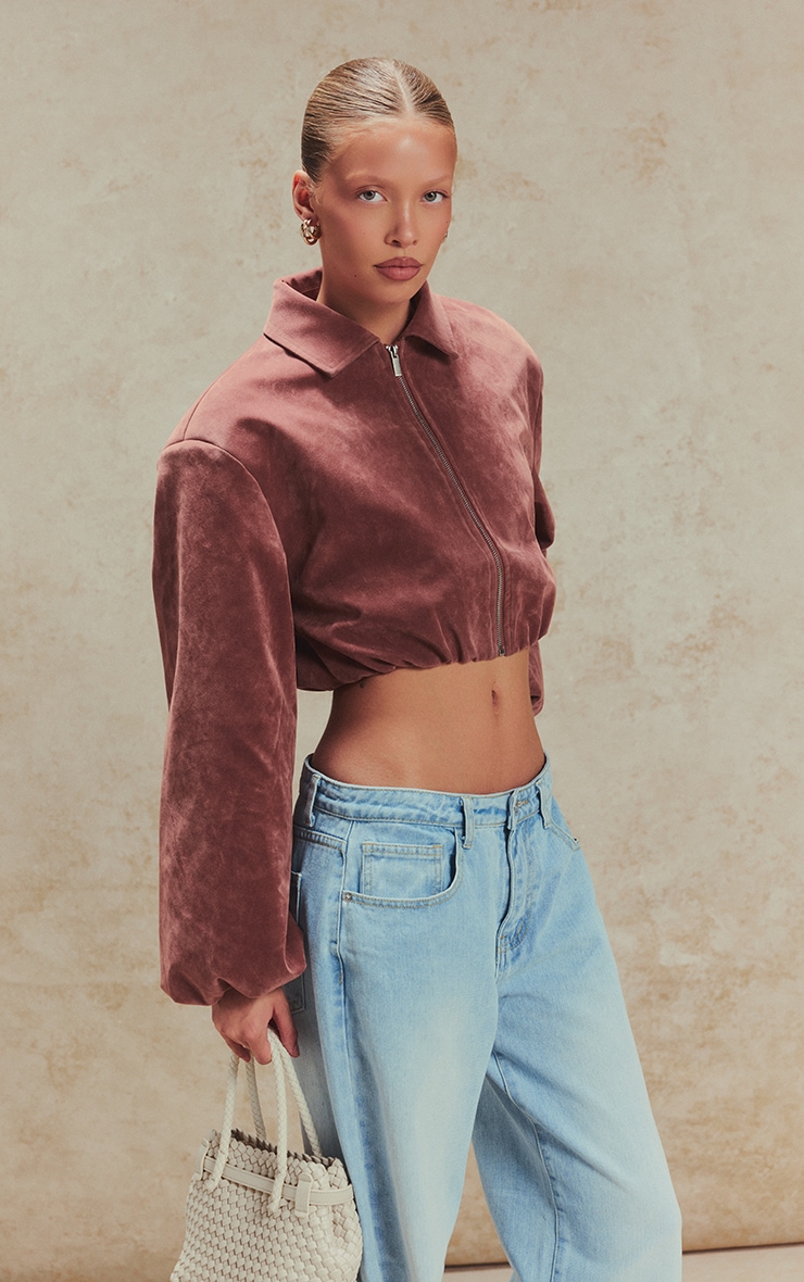 Dark Pink Suede Balloon Sleeve Covered Placket Jacket image 4