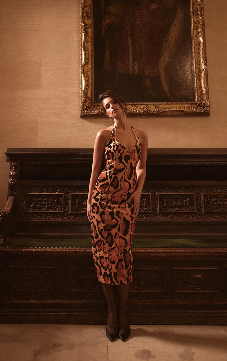 PLT Label Multi Leopard Printed Velvet Halterneck Midaxi Dress image 3
