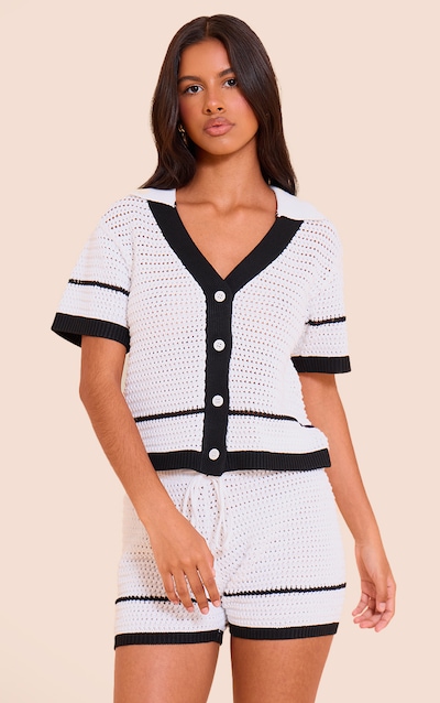 Petite White Knitted Crochet V-neck Fitted Shirt