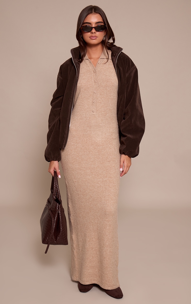 Oatmeal Soft Bobble Knit Button Up Collar Detail Maxi Dress image 3