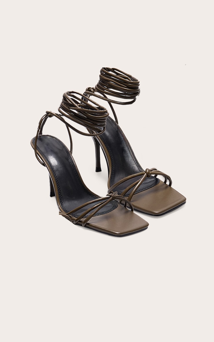 Wide Fit Olive PU Square Toe Lace Up High Stiletto Heeled Sandals image 2
