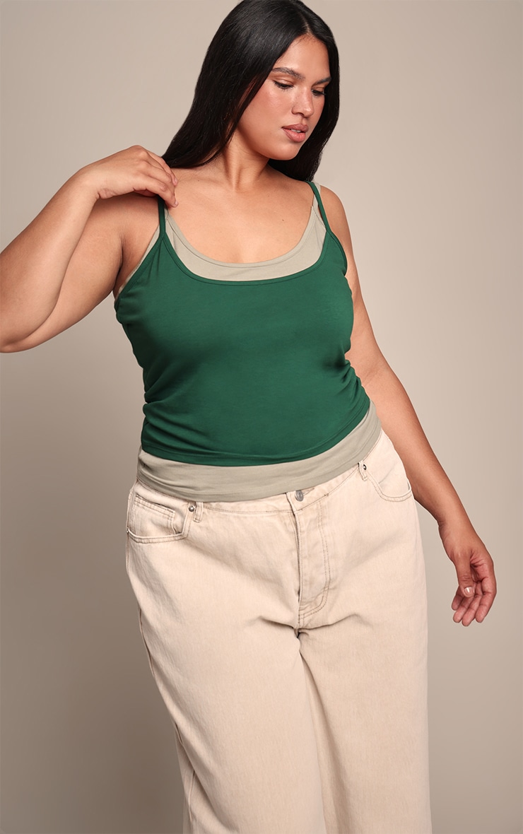 Plus Dark Green Overlay Detail Strappy Vest Top