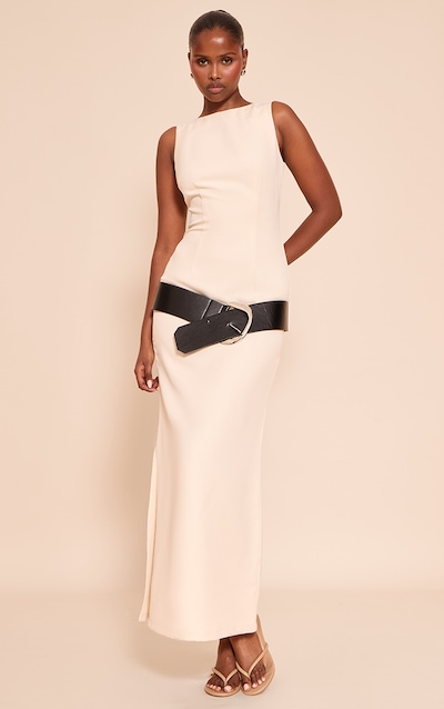 Robe de tailleur longue tissée crème à ceinture