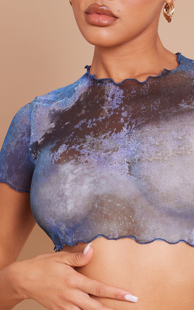 Blue Printed Mesh Lettuce Hem Short Sleeve Crop Top image 4