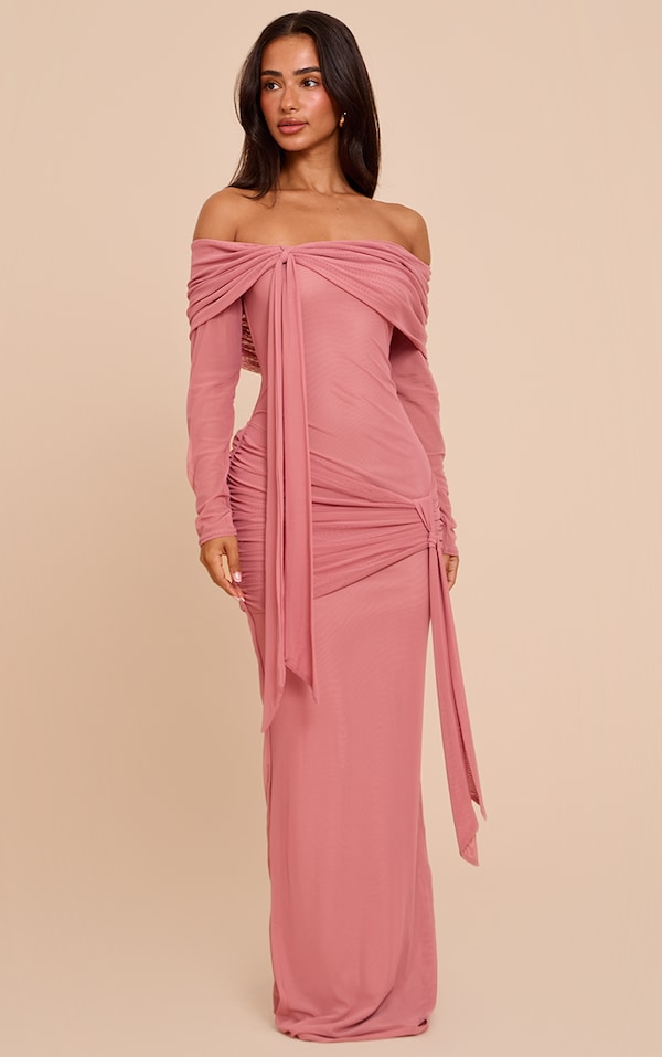 Petite Deep Pink Asymmetric Long Sleeve Bardot Maxi Dress