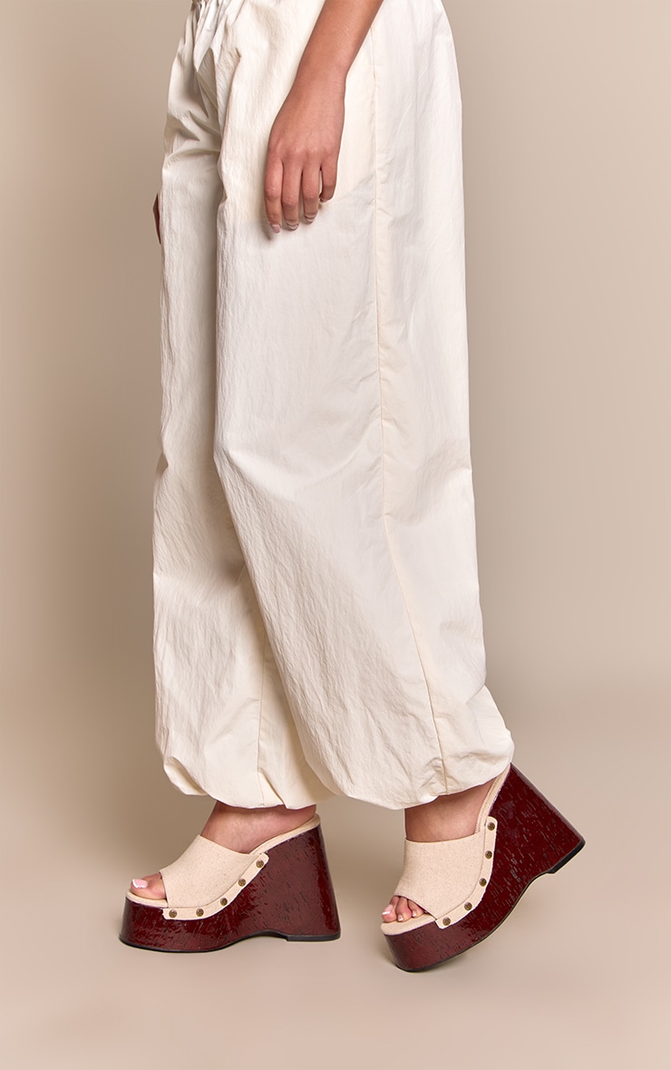 Natural Linen Studded Mule Wedges