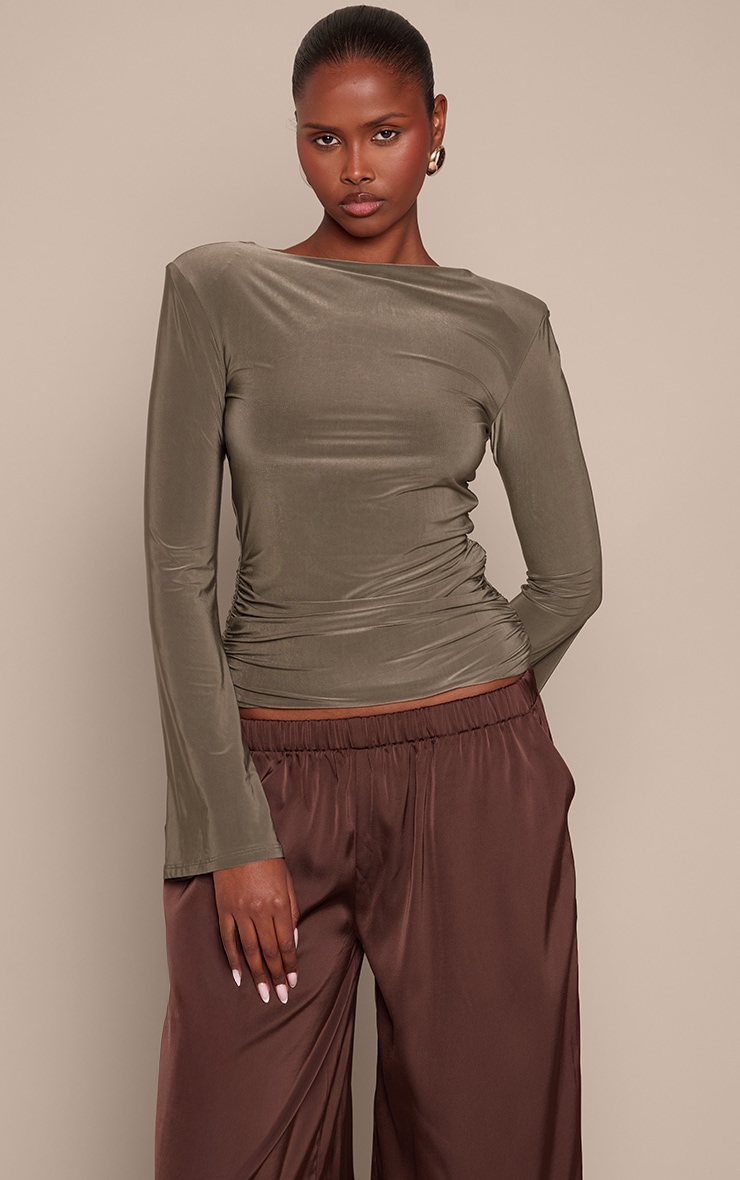 Khaki Double Layer Slinky Shoulder Detail Long Sleeve Top