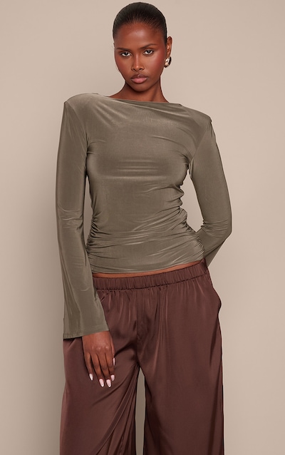 Khaki Double Layer Slinky Shoulder Detail Long Sleeve Top
