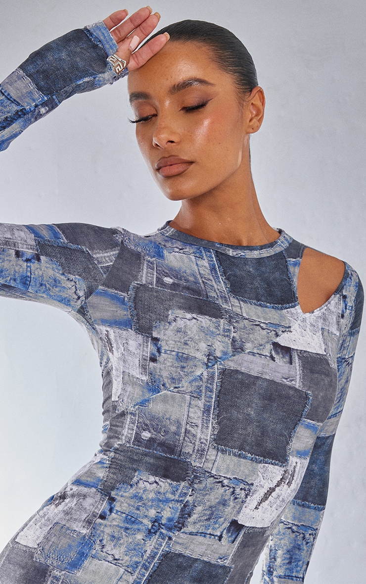 Blue Patchwork Denim Binding Cut Out Bodycon Dress PrettyLittleThing USA
