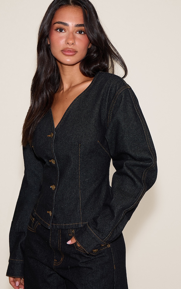  Petite Dark Indigo Gold Button Up Cocoon Sleeve Denim Jacket
