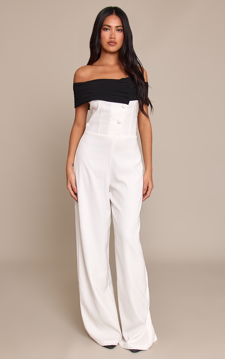 White Woven Contrast Button Detail Straight Leg Jumpsuit image 1
