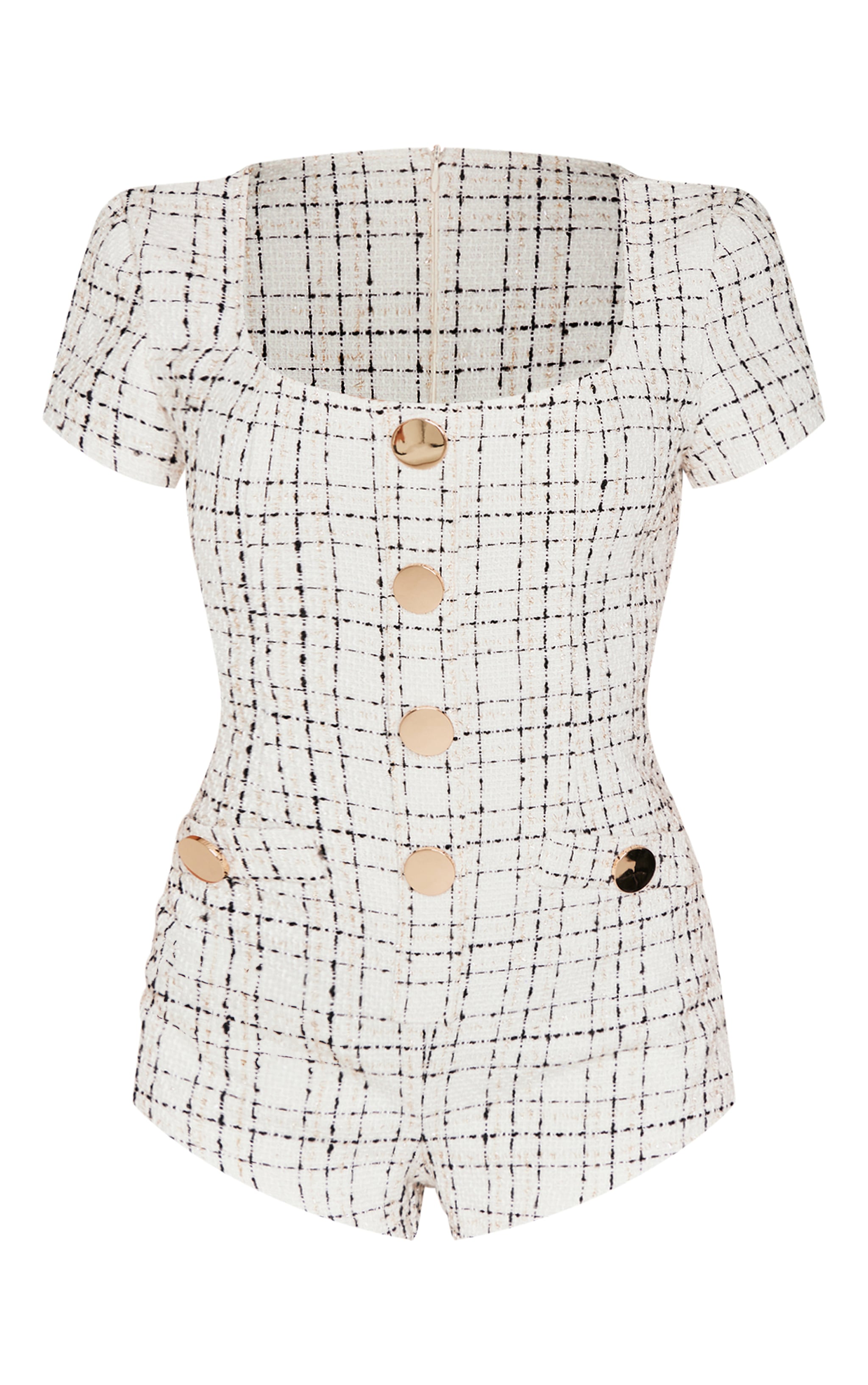 Cream Tweed Short Sleeve Button Detail Romper image 2
