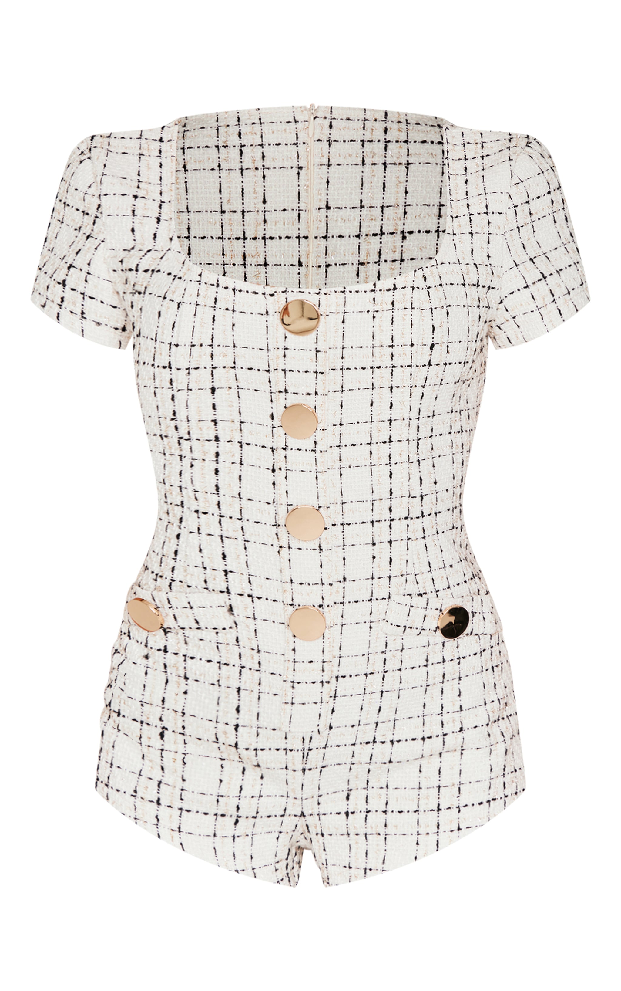 Cream Tweed Short Sleeve Button Detail Romper image 5