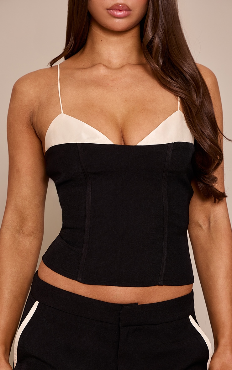 Black Woven Tailored Satin Contrast Bust Cami Top image 4