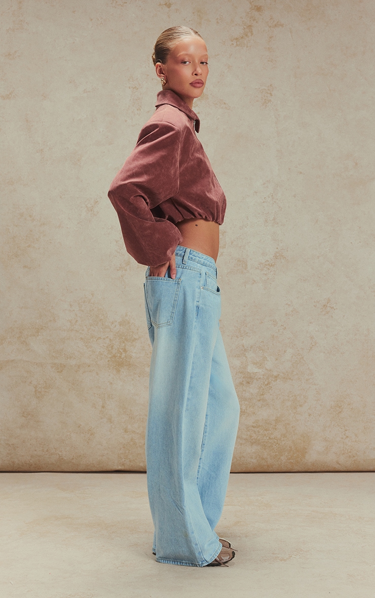 Dark Pink Suede Balloon Sleeve Covered Placket Jacket image 3