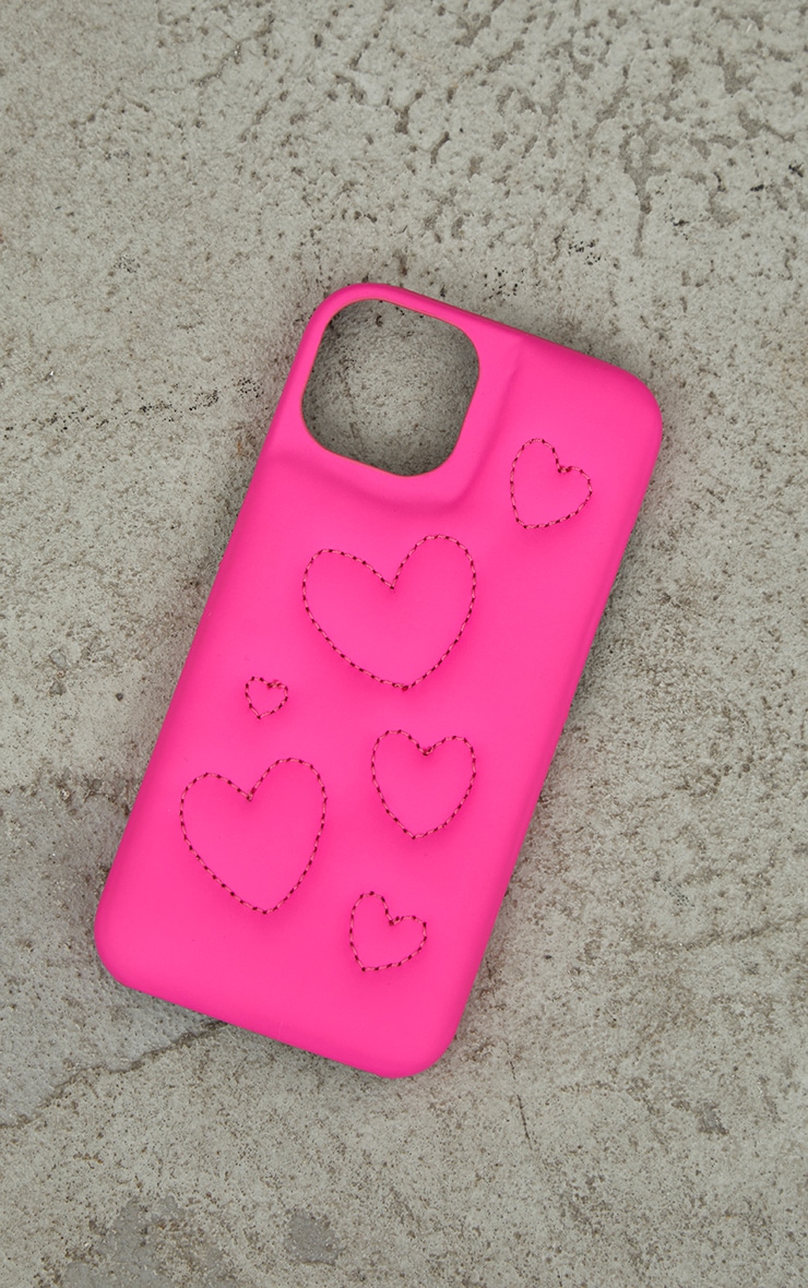 Coque rose pour iPhone 14 à coeurs duveteux image 2