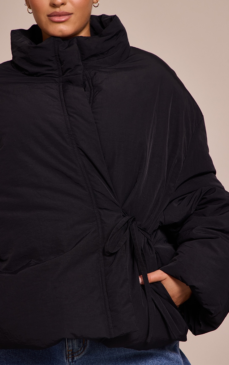 Plus Black High Neck Tie Waist Quilted Jacket image 4