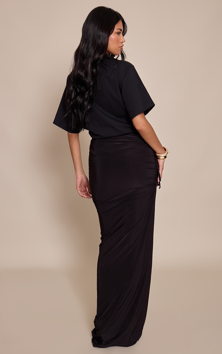 Black Double Layer Slinky Ruched Side Maxi Skirt image 3
