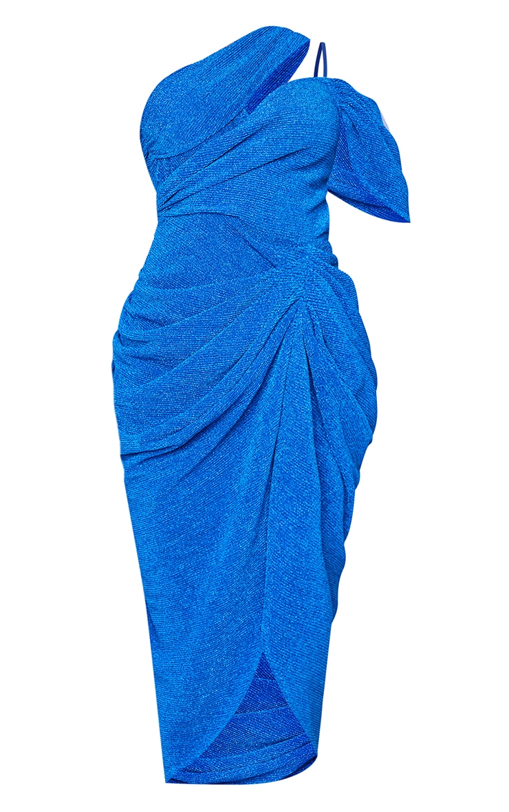 Blue Glitter Plisse Cut Out One Shoulder Draped Midi Dress image 5