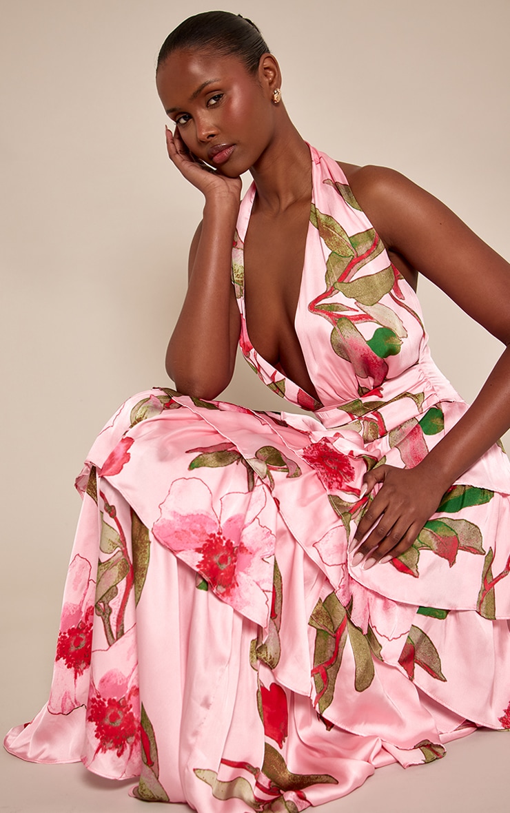 Pink Floral Printed Satin Halterneck Frill Maxi Dress