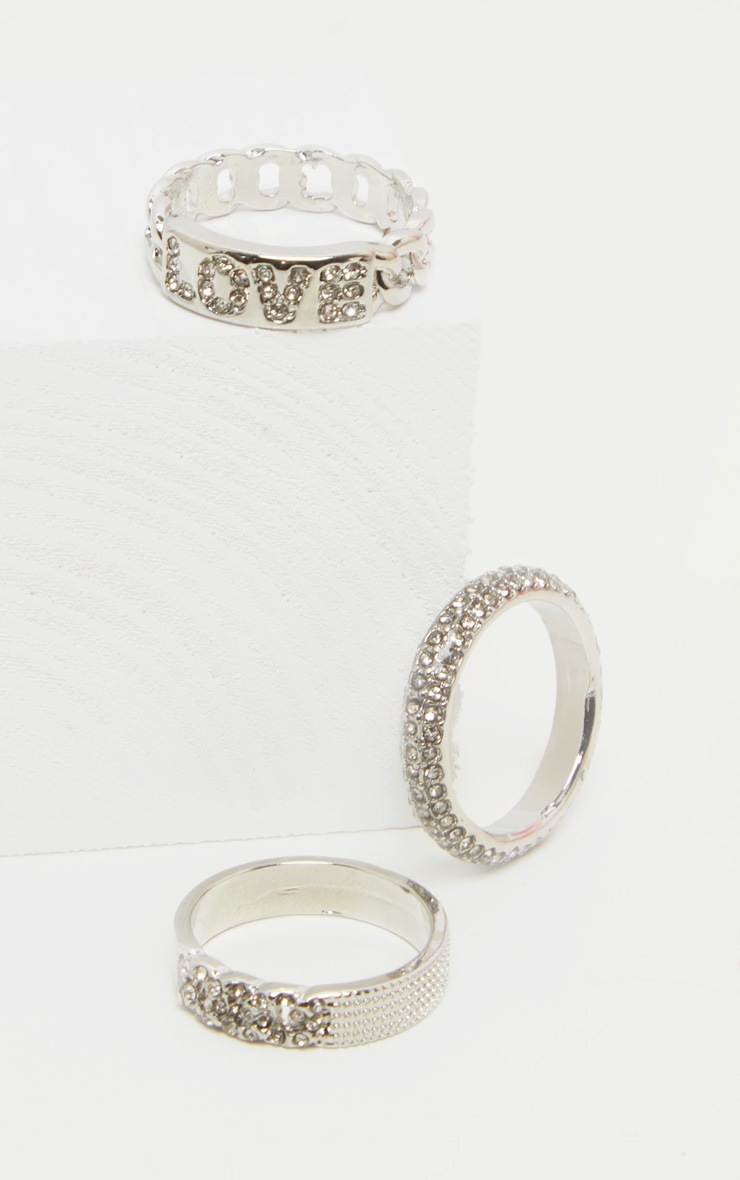Silver Love Slogan Chain Diamante Three Set Stacking Rings 3