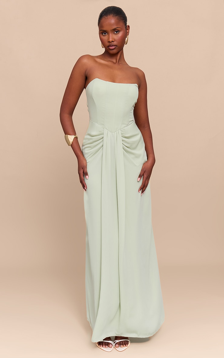 Sage Green Bandeau Corset Drape Detail Maxi Dress | Dresses