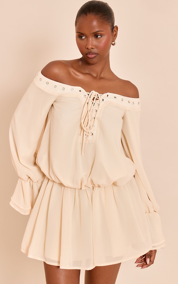 Cream Lace Up Front Bardot Top