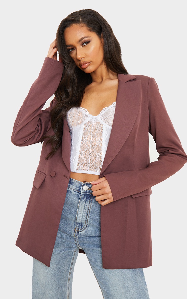 Blazer en maille chocolat à col incurvé et boutonnière simple