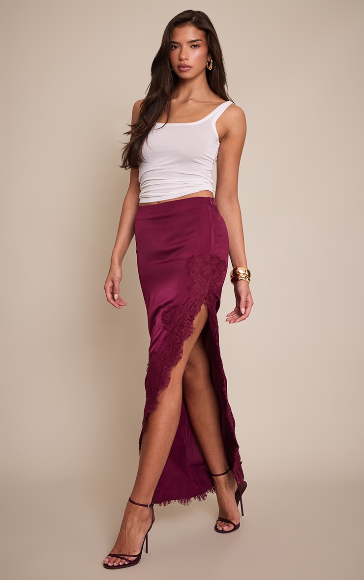 Plum Satin Lace Side Split Maxi Skirt image 2