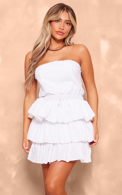 White Bandeau Tiered Elasticated Waist Mini Dress