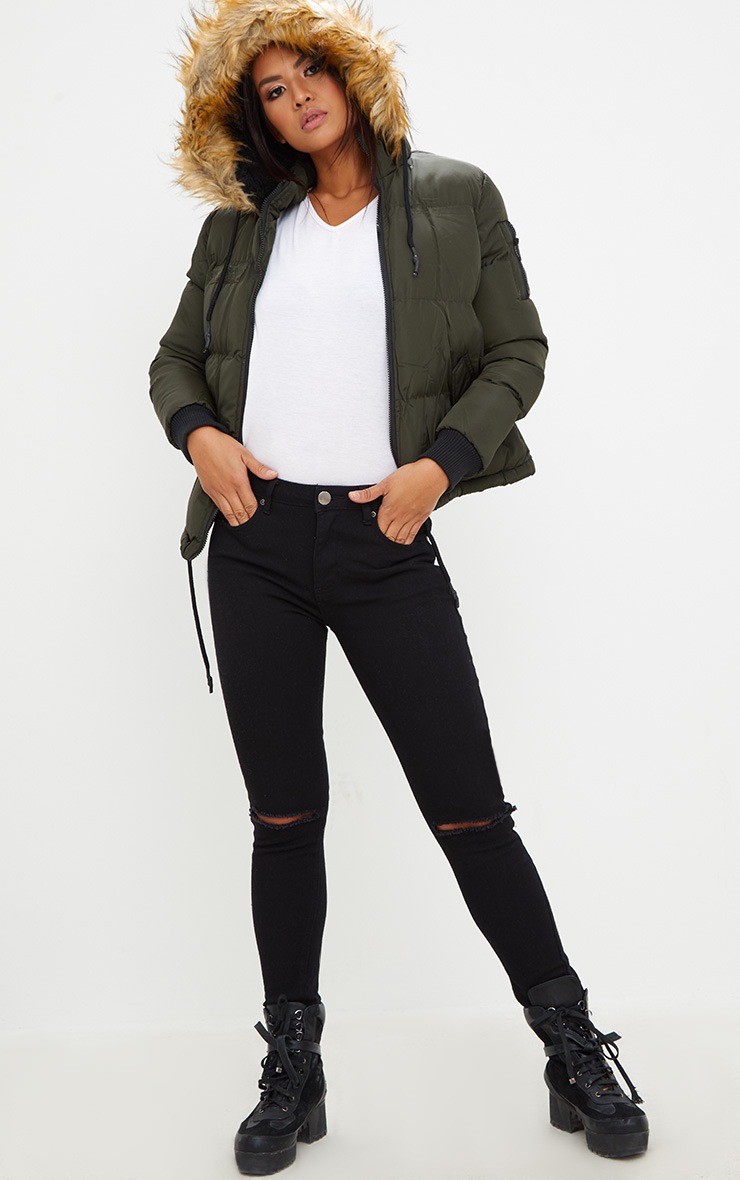 Khaki Puffer Jacket With Faux Fur Hood PrettyLittleThing