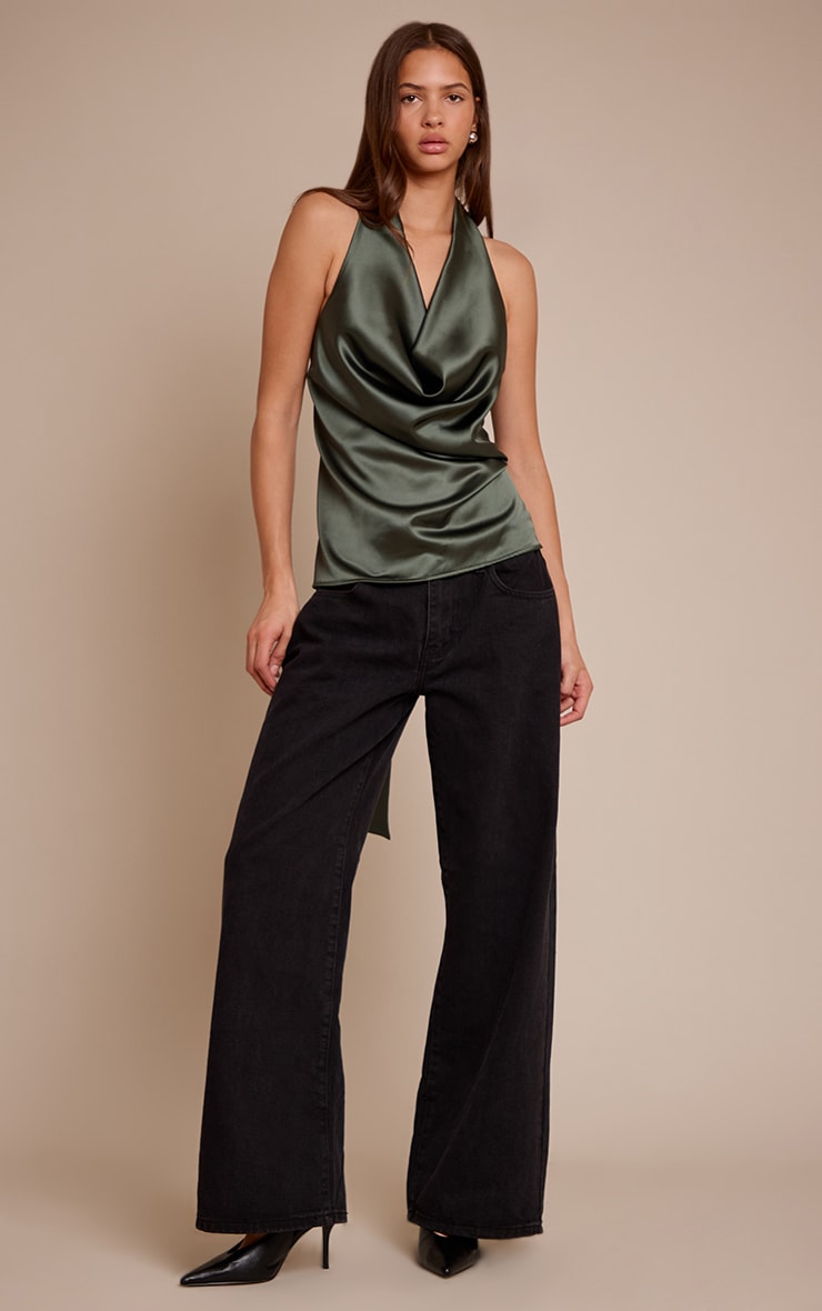 Forest Green Satin Drape Plunge Cowl Top image 3