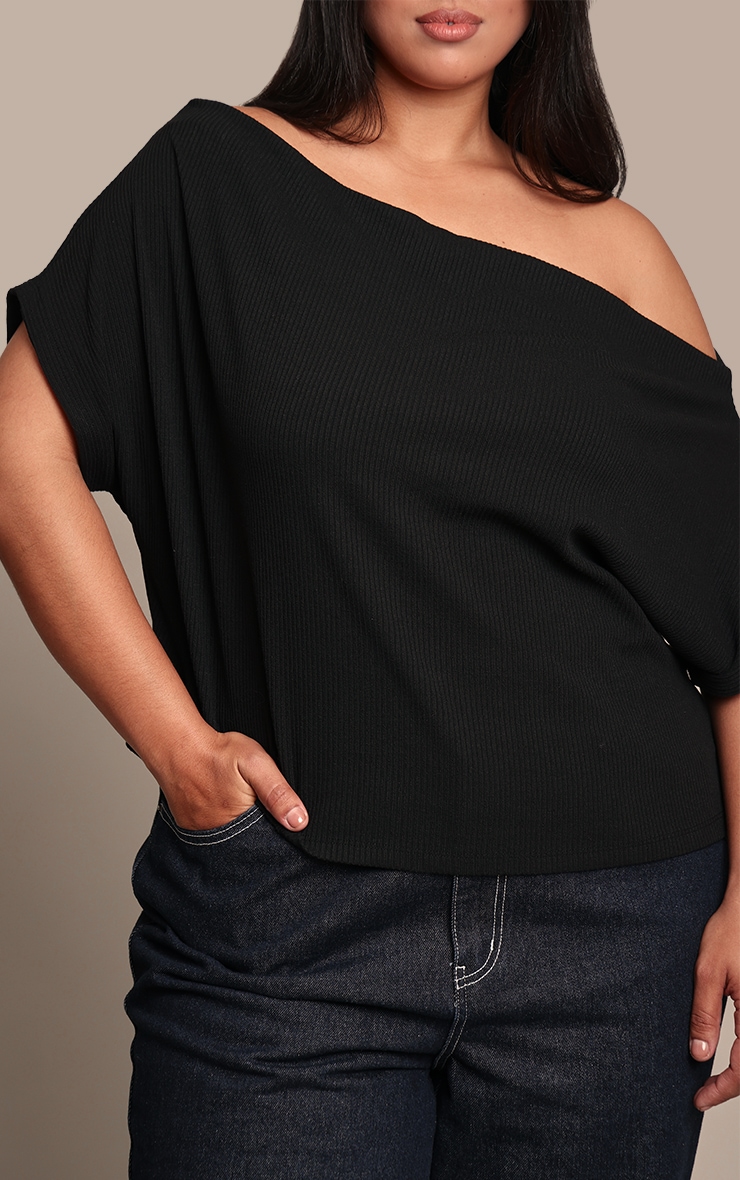 Plus Black Thick Rib Asymmetric Slouchy Long Top image 4
