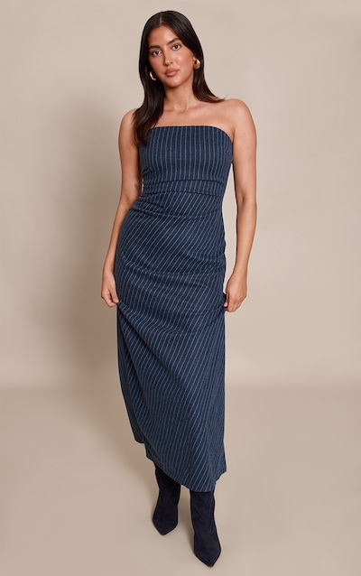Robe bustier longue brossée bleu marine à fines rayures