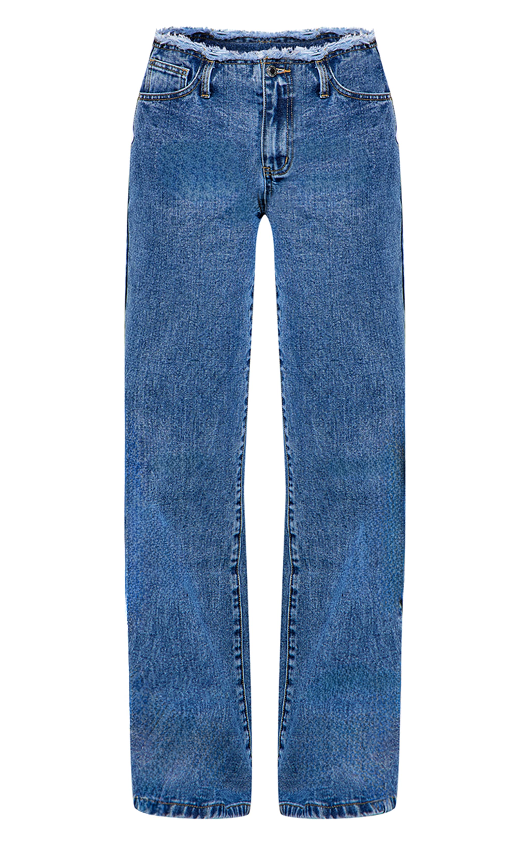 Mid Blue Wash Fray Waistband Low Waist Straight Leg Jean image 5