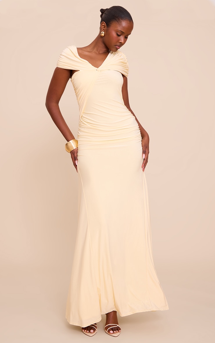 Lemon Double Layer Slinky Asymmetric Ruched Maxi Dress image 3