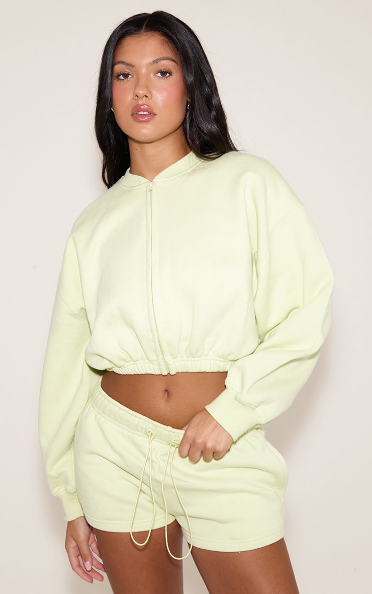 Lime Drawcord Waist Cropped Zip Up Sweatshirt image 1