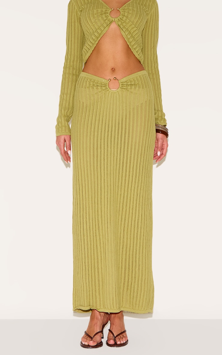 Olive Pointelle Knit Trim Split Maxi Skirt image 2