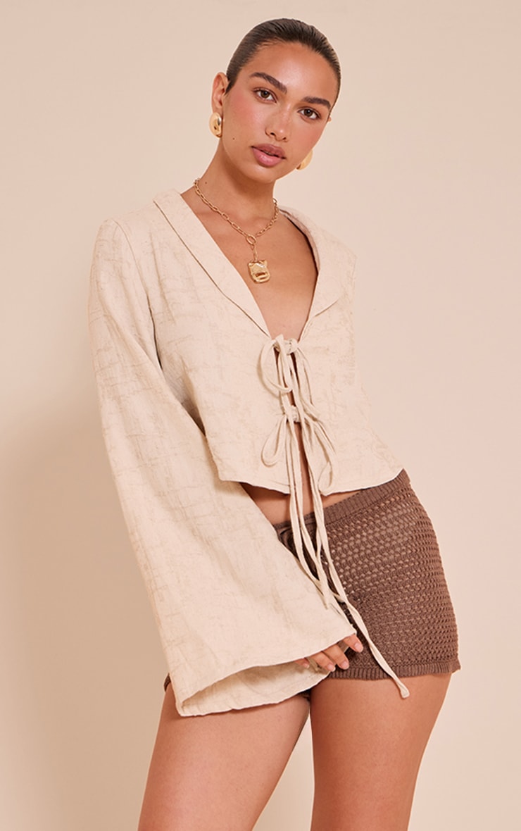 Sand Textured Lightweight Woven Tie Front Shirt image 1