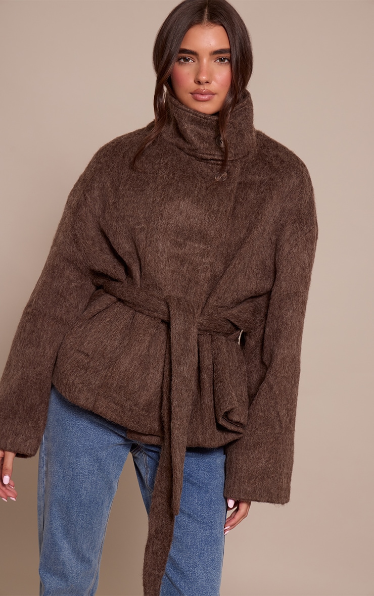 Chocolate Faux Brushed Wool Tie Waist Coat Outerwear PLT UAE