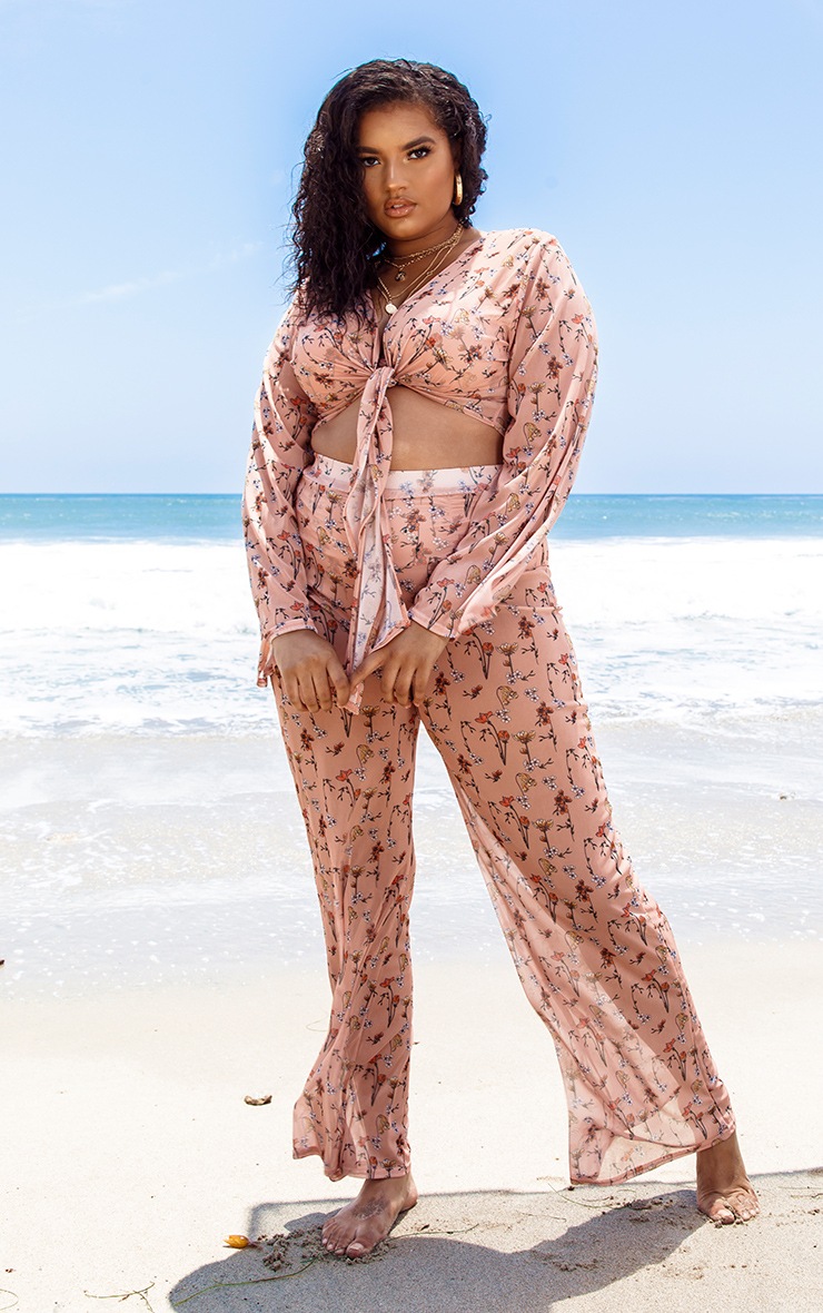 Plus Peach Garden Print Sheer Wide Leg Trouser