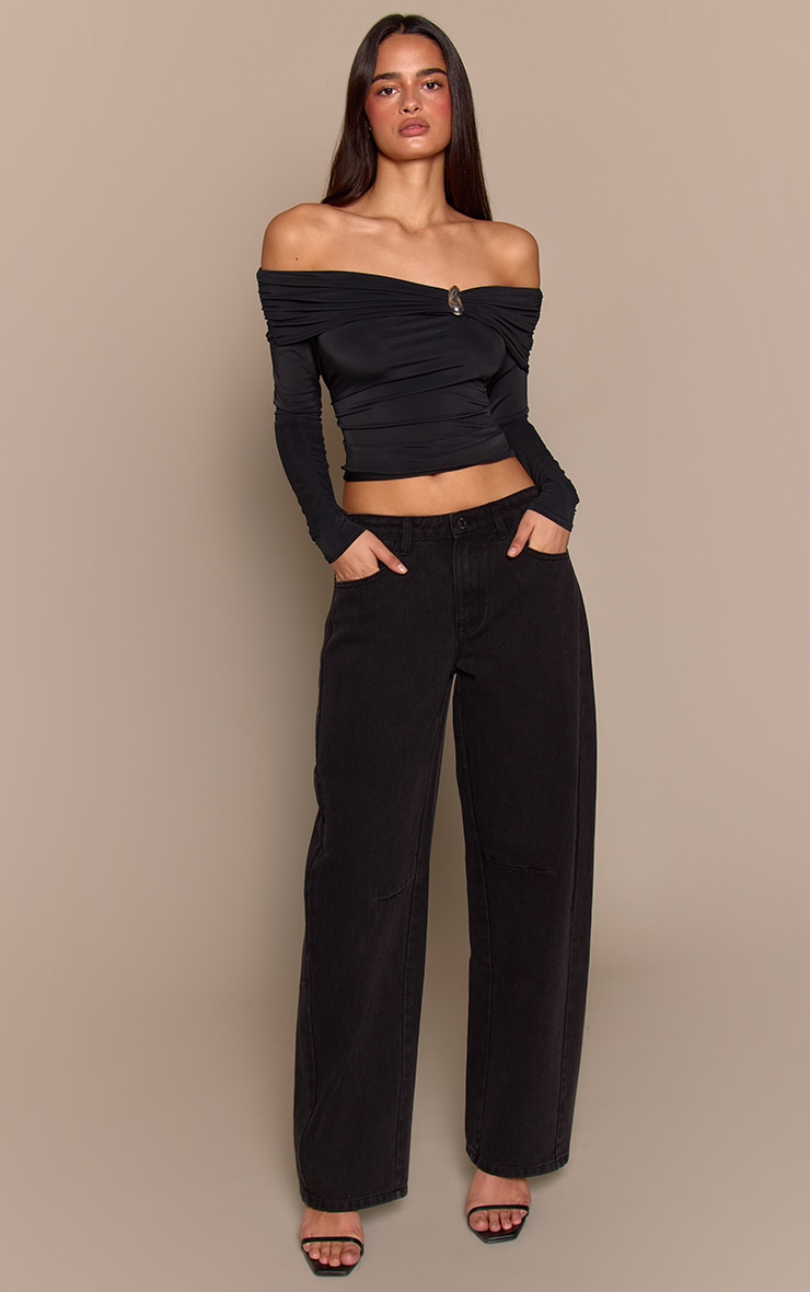 Black Matte Sculpt Trim Detail Bardot Long Sleeve Top image 3