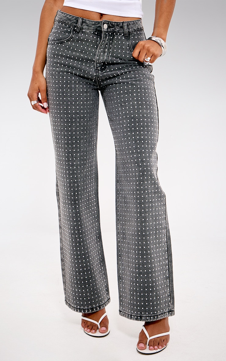 Washed Grey Diamante Front Straight Leg Jeans | Denim